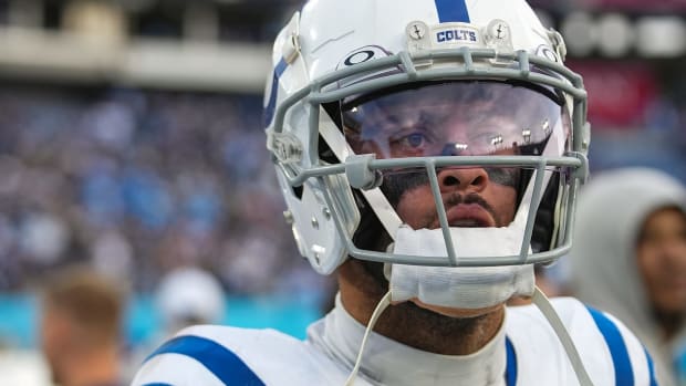 Indianapolis Colts wide receiver Michael Pittman Jr. (11) after running in the game-winning touchdown in overtime against the Tennessee Titans on Sunday, Dec. 3, 2023, at Nissan Stadium in Nashville, Tenn. The final score was 31-28.